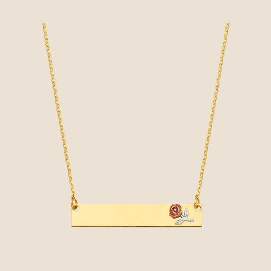 Gold Bar Necklace with Rose Accent