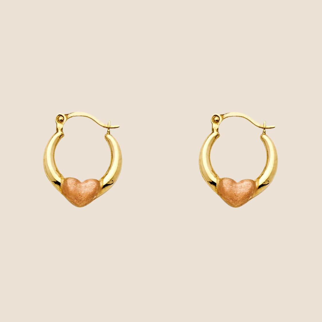 Gold hoop earrings with rose gold heart detail, 14k gold, made in the USA.