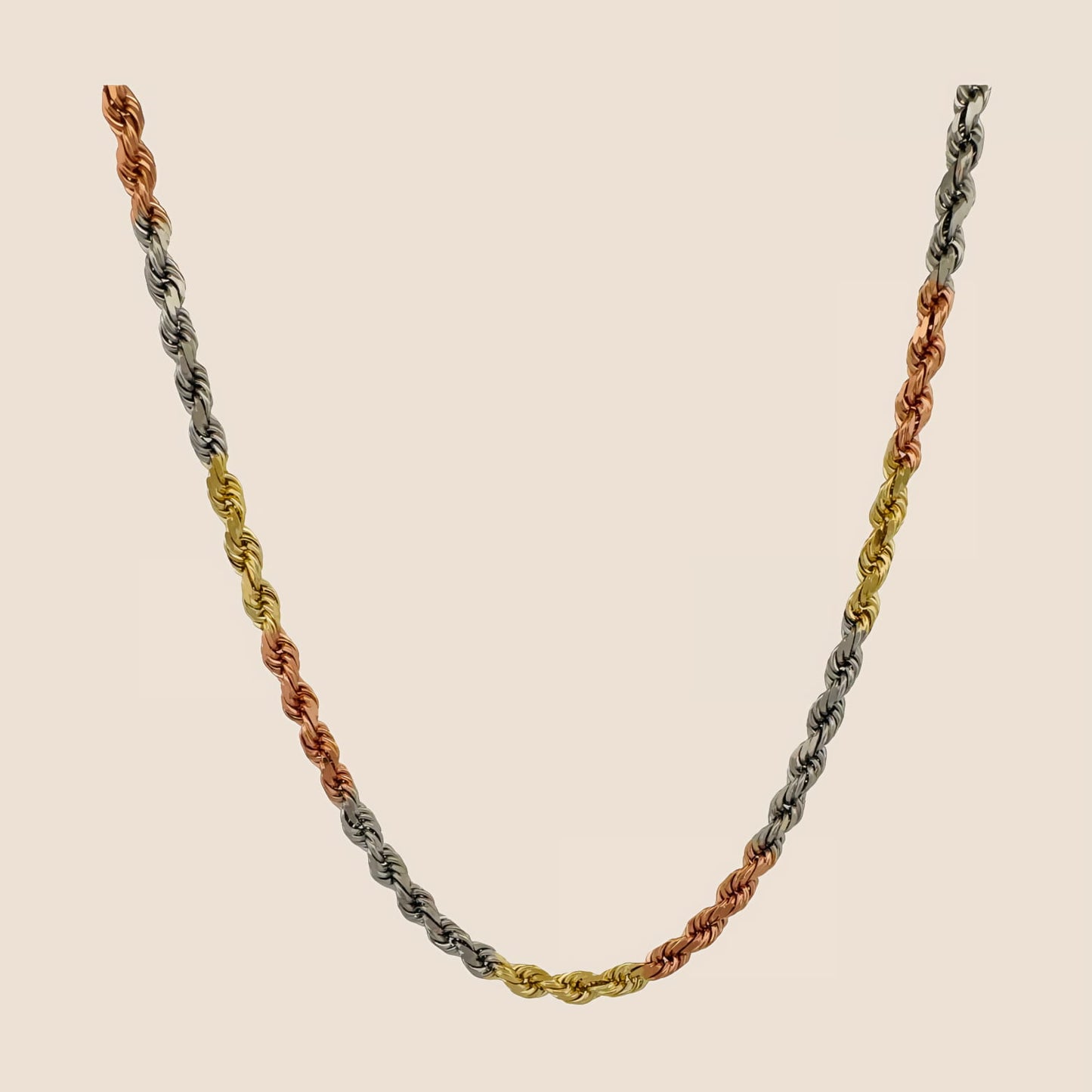 14k Tri-Color Gold Rope Chain Combining Yellow, White, and Rose Gold, 4MM Thickness, Diamond Cut, Made in Peru with a Lobster Clasp