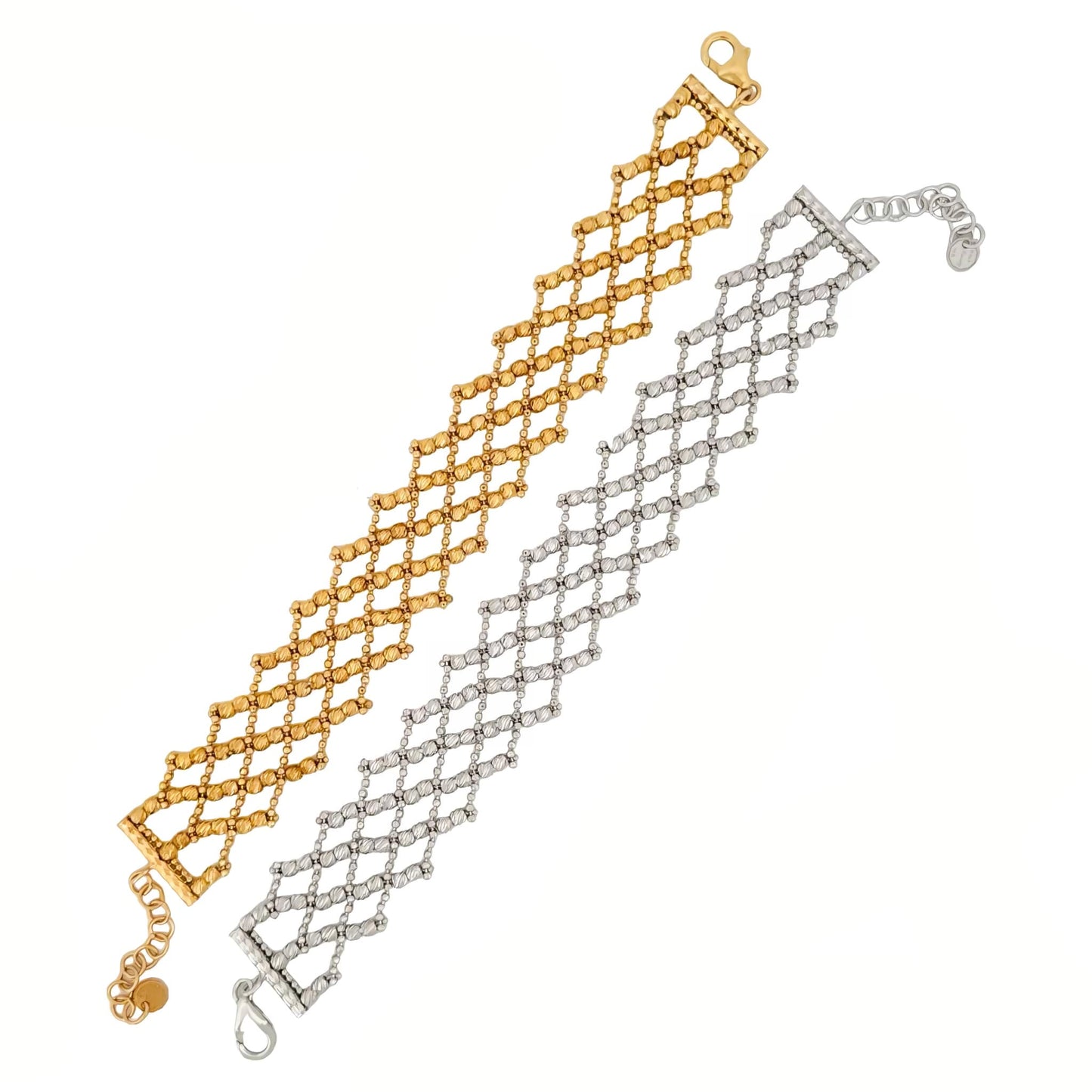 Crosshatch Stone Cut Bracelet in yellow and white gold with woven bead texture, showcasing 14k gold lobster clasp, adjustable length, made in Italy